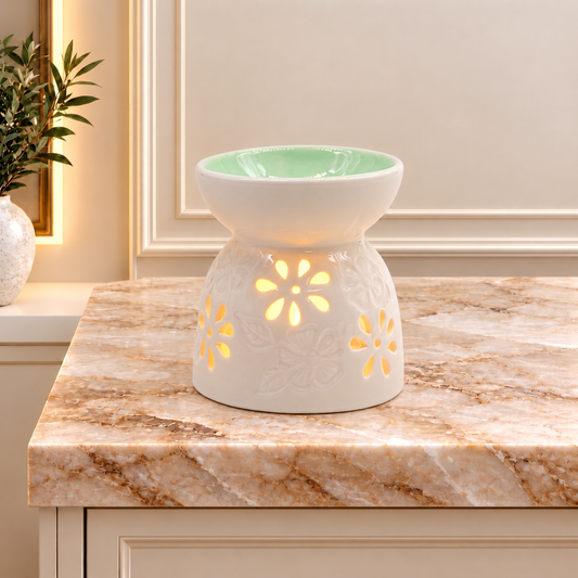 Classic White Oil Burner - Floral with Teal Well