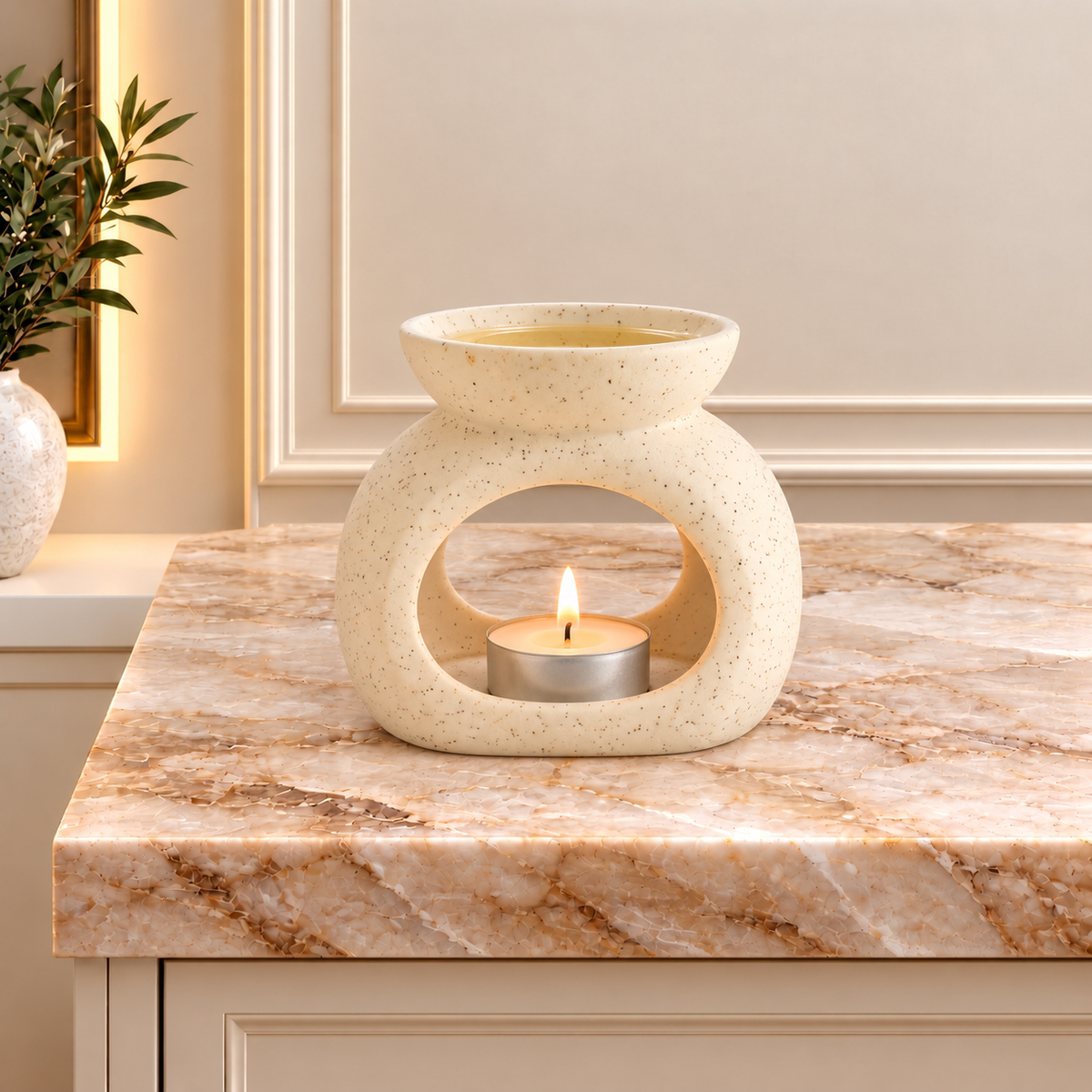 Ceramic Zen Oil Burner - Large Oval Pebble  - Speckled Off-White