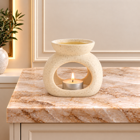 Ceramic Zen Oil Burner - Large Oval Pebble  - Speckled Off-White