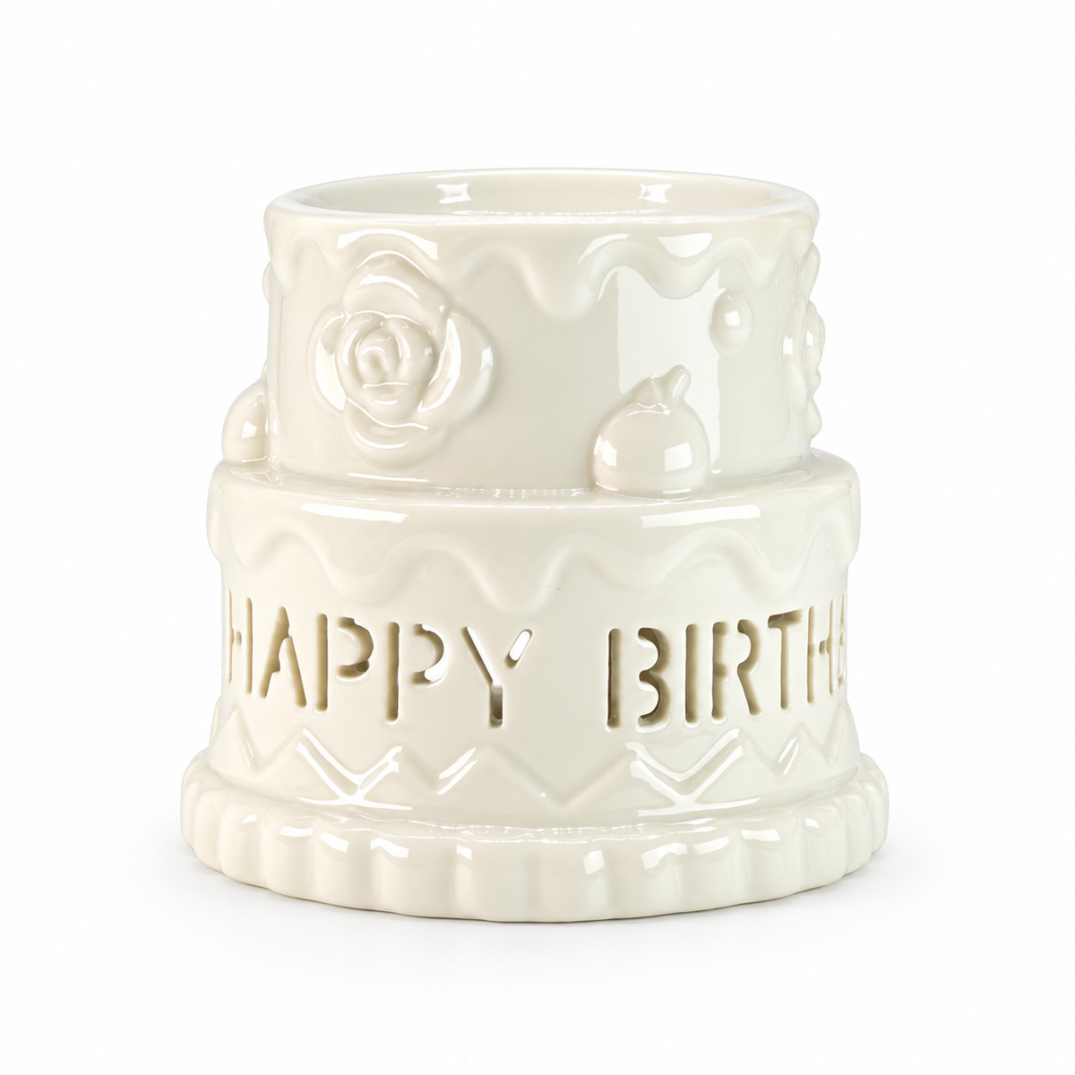 Ceramic Cake Oil Burner - HAPPY BIRTHDAY - White