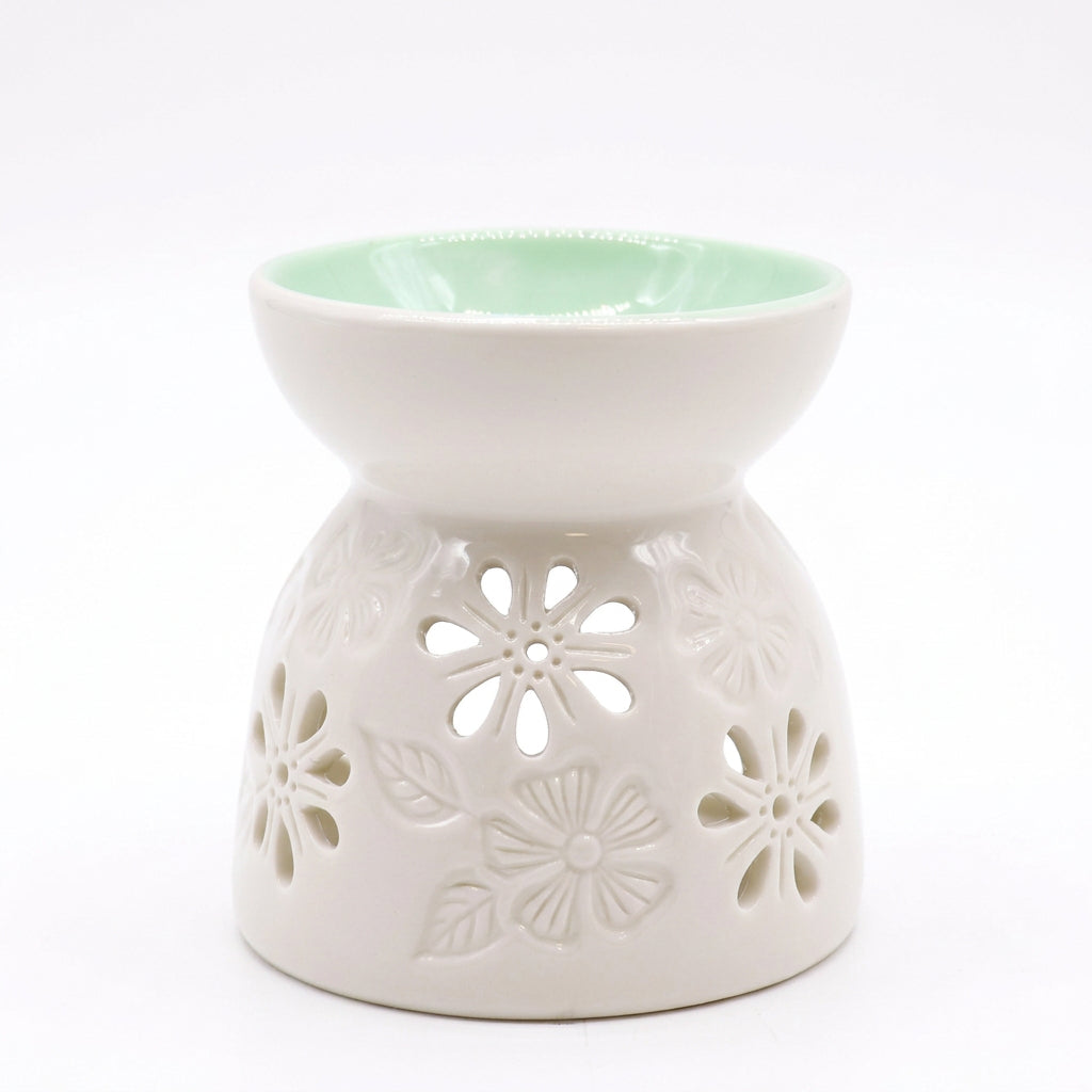 Classic White Oil Burner - Floral with Teal Well