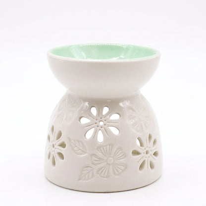 Classic White Oil Burner - Floral with Teal Well