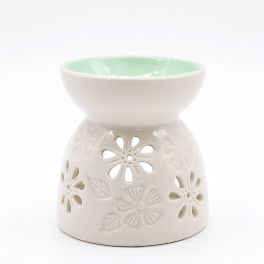 Classic White Oil Burner - Floral with Teal Well