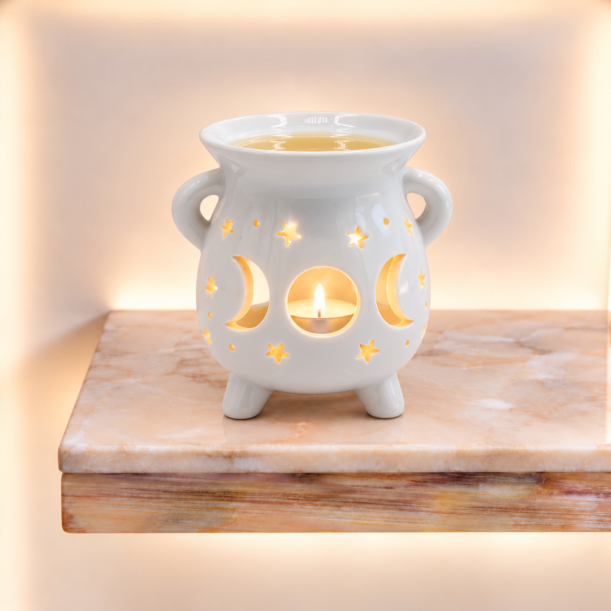 Cauldron Oil Burner - Moon Phase - White