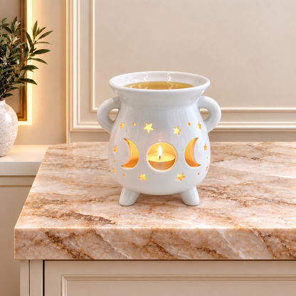 Cauldron Oil Burner - Moon Phase - White