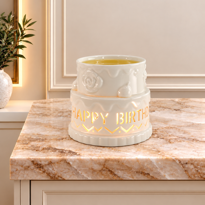 Ceramic Cake Oil Burner - HAPPY BIRTHDAY - White